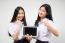 Two Asia Thai High School Student Uniform Best Friends Beautiful Girl Using Her Tablet And Funny