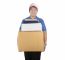 Delivery Man Carrying Container Box Toothy Smiling Face Isolated White Background