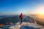 Woman Stands On The Peak Of Stone In Bukhansan National Park,seoul In South Korea And Watching To Sunrise. Beautiful Moment The Miracle Of Nature