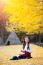 Beautiful Girl With Yellow Leaves In Nami Island, Korea. Nami Island In Autumn