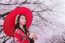 Asian Woman Wearing Traditional Japanese Kimono With Red Umbrella And Cherry Blossom