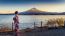 Asian Woman Wearing Japanese Traditional Kimono At Fuji Mountain. Sunset At Kawaguchiko Lake In Japan