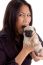 Shouting Female Holding Puppy