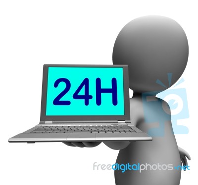 24h Laptop And Character Shows All Day Open On Web Stock Image