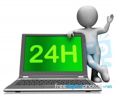 24h Laptop And Character Shows All Day Service On Web Stock Image