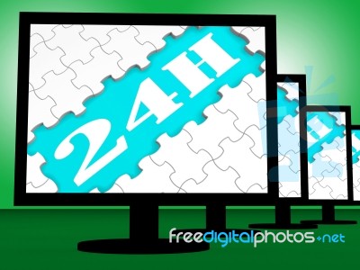 24h On Monitors Show Twenty Four Hour Service Online Stock Image