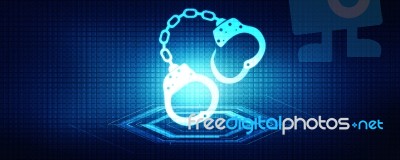 2d Illustration Cyber Security Concept: Pixelated Handcuffs Icon On Digital Background, Cyber Crime Concept Stock Image