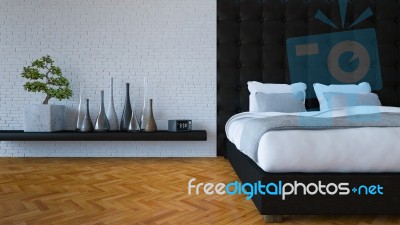 3d Bed Room With Leather Wall Stock Photo