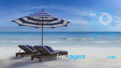 3d Blue And White Umbrella On The Beach Stock Photo