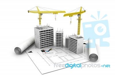 3d Building  Block In Construction And  Crane On Top Of Blueprints Stock Image