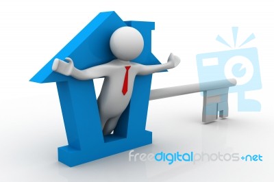 3d Business Man Presenting A Red Home Key Stock Image