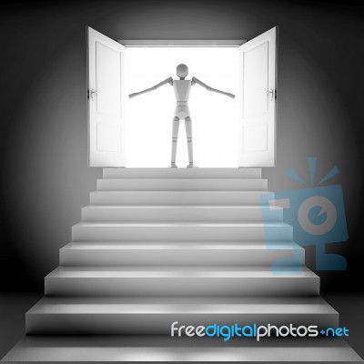 3d Businessman Back In White Room With Doors Open Stock Photo