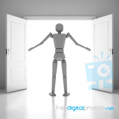 3d Businessman In White Room With Doors Open Stock Image