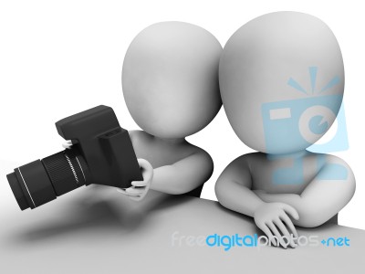 3d Characters Reviewing Images On Dslr Digital Camera Stock Image