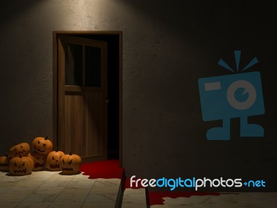 3d Door And Pumpkin Heads Stock Image