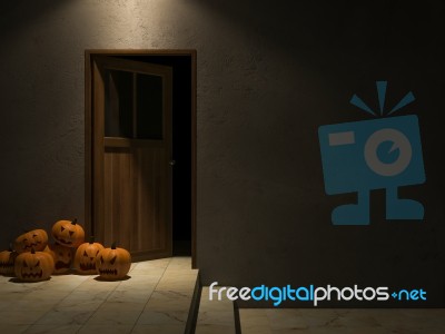 3d Door And Pumpkin Heads Stock Image