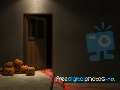 3d Door And Pumpkin Heads Stock Image