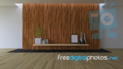 3d Empty Room With Bamboo Wall Stock Photo