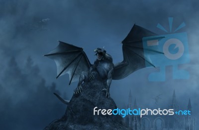 3d Fantasy Aggressive Dragon On The Rock Stock Image