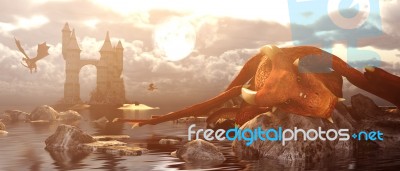 3d Fantasy Dragon Resting On The Rock Stock Image