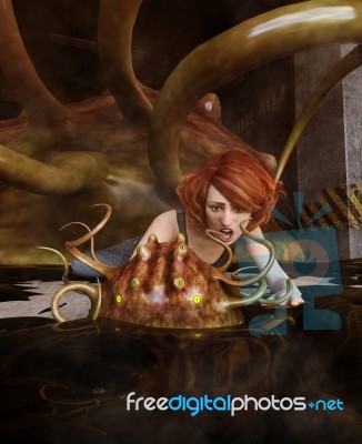 3d Fantasy Illustration,woman Being Attack By A Monster Creature… Stock Image