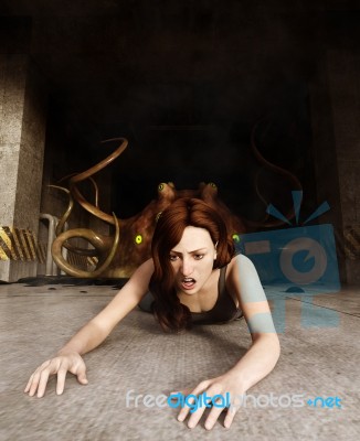 3d Fantasy Illustration,woman Being Attack By A Monster Creature… Stock Image