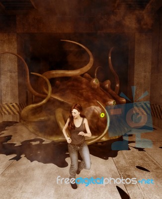 3d Fantasy Illustration,woman Being Attack By A Monster Creature… Stock Image