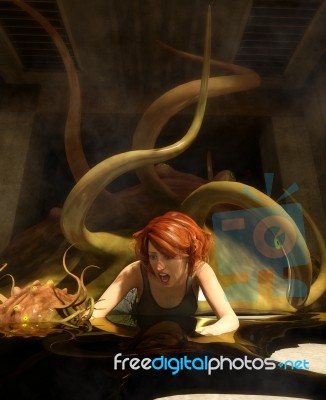 3d Fantasy Illustration,woman Being Attack By A Monster Creature… Stock Image