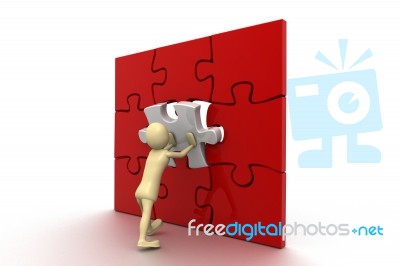 3d Figure Playing Jigsaw Puzzle Stock Image