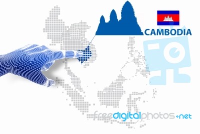 3d Finger Touch On Display Cambodia Map And Flag Stock Image