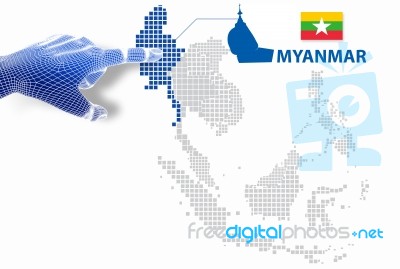 3d Finger Touch On Display Myanmar Map And Flag Stock Image