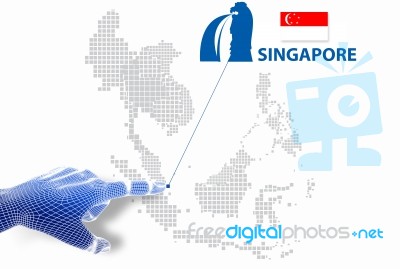 3d Finger Touch On Display Singapore Map And Flag Stock Image