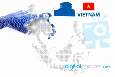 3d Finger Touch On Display Vietnam Map And Flag Stock Image