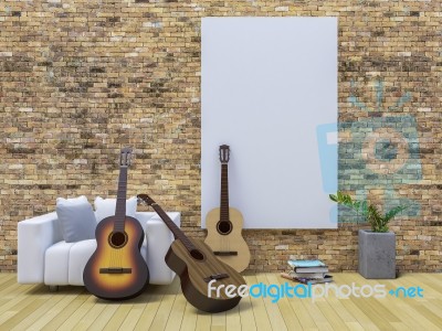 3d Guitar On White Sofa In The Living Room Stock Photo