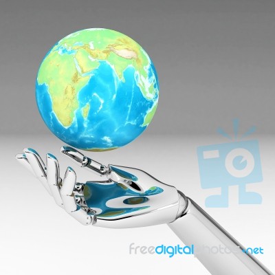 3d Hand With Earth Globe In His Hand Stock Image