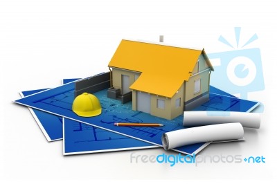 3d House And Blueprints Stock Image