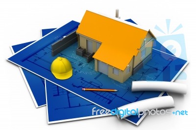 3d House And Blueprints Stock Image