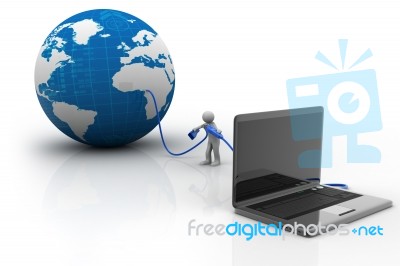 3d Human Character Person With A Laptop And A Earth Globe Stock Image