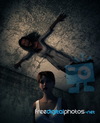 3d Illustration Of A Girl Lost In Haunted House And Ghost Woman Stock Image