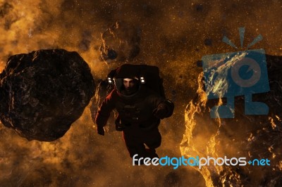 3d Illustration Of An Astronaut In Asteroid Field,scifi Fiction Stock Image