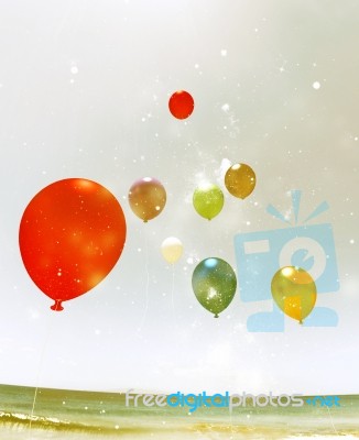 3d Illustration Of Colorful Balloons On The Sky,mixed Media Stock Image