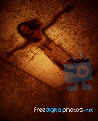 3d Illustration Of Ghost Woman Crawling On The Wall In Haunted House Stock Image