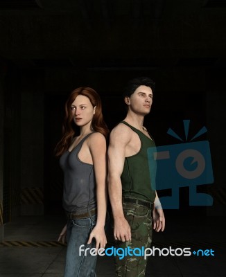 3d Illustration Of Survivor Woman And Man In A Dark Place Stock Image