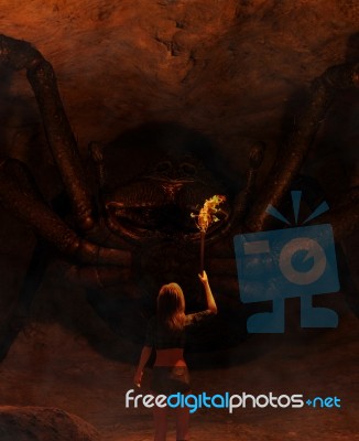 3d Illustration Of The Girl With Torchlight Discover A Giant Spider Stock Image