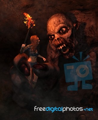 3d Illustration Of The Girl With Torchlight Discover A Monster Stock Image