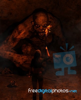 3d Illustration Of The Girl With Torchlight Discover A Monster Stock Image