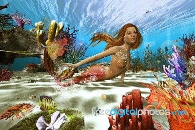 3d Illustration Of  Underwater Scene With Mermaid ,3d Fantasy Ar… Stock Image