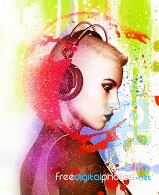 3d Illustration Of Woman Listening To Music On Spray Paint Background Stock Image