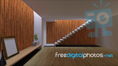 3d Interior Design Of Room With Bamboo Wall Stock Photo