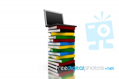 3d Laptop On Top Of A Pile Of Books Stock Image